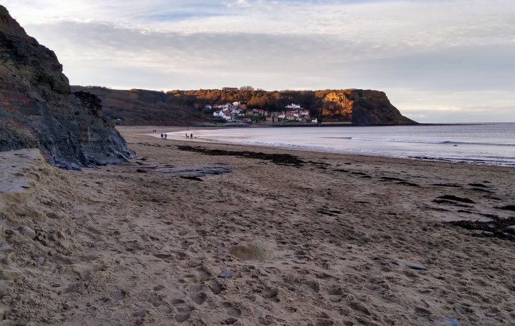 Whitby to Staithes - Distant view of Runswick across Runswick Sands Distant view of Runswick across Runswick Sands